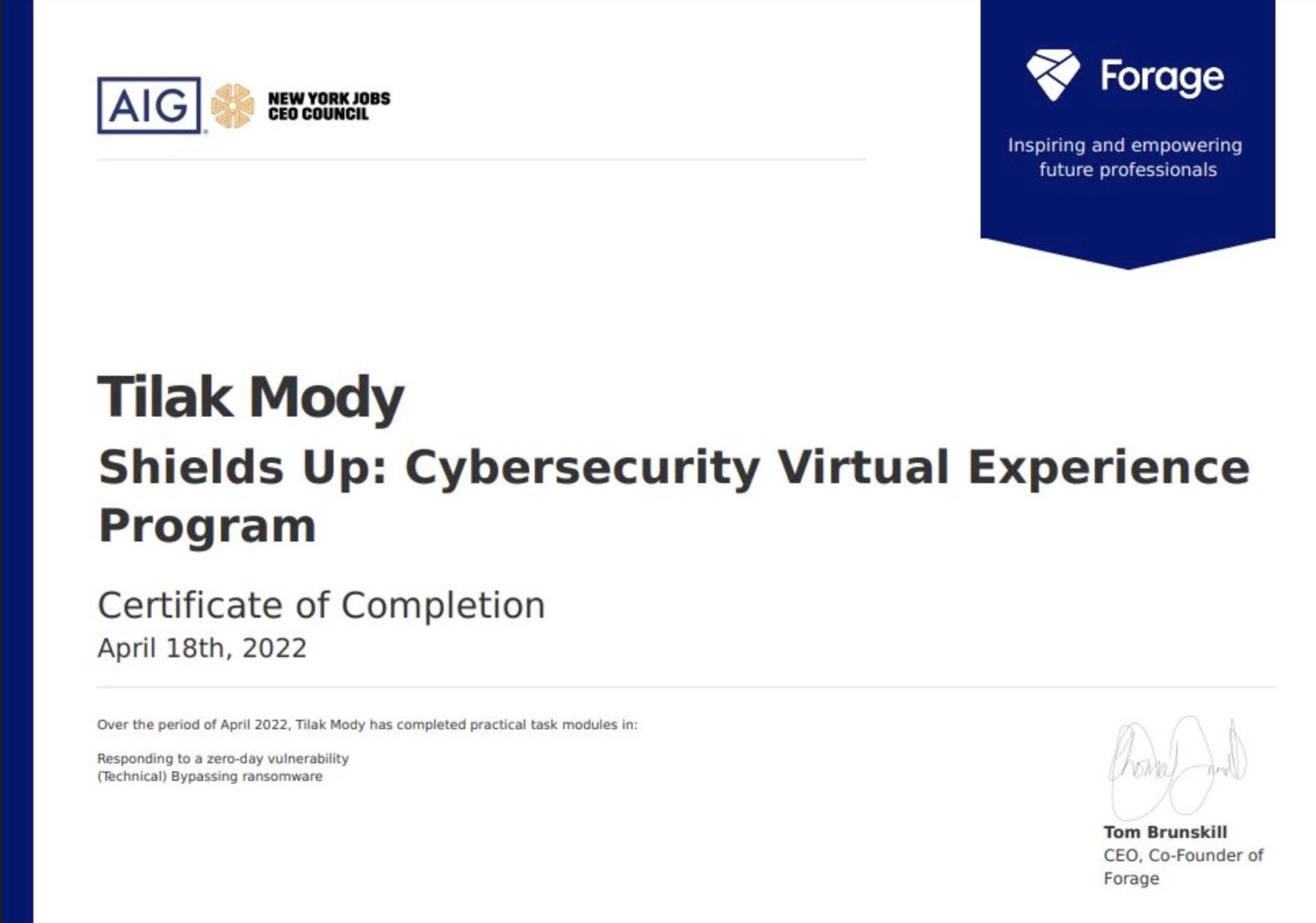 Shields Up: Cybersecurity Virtual Experience Program – Certificate preview