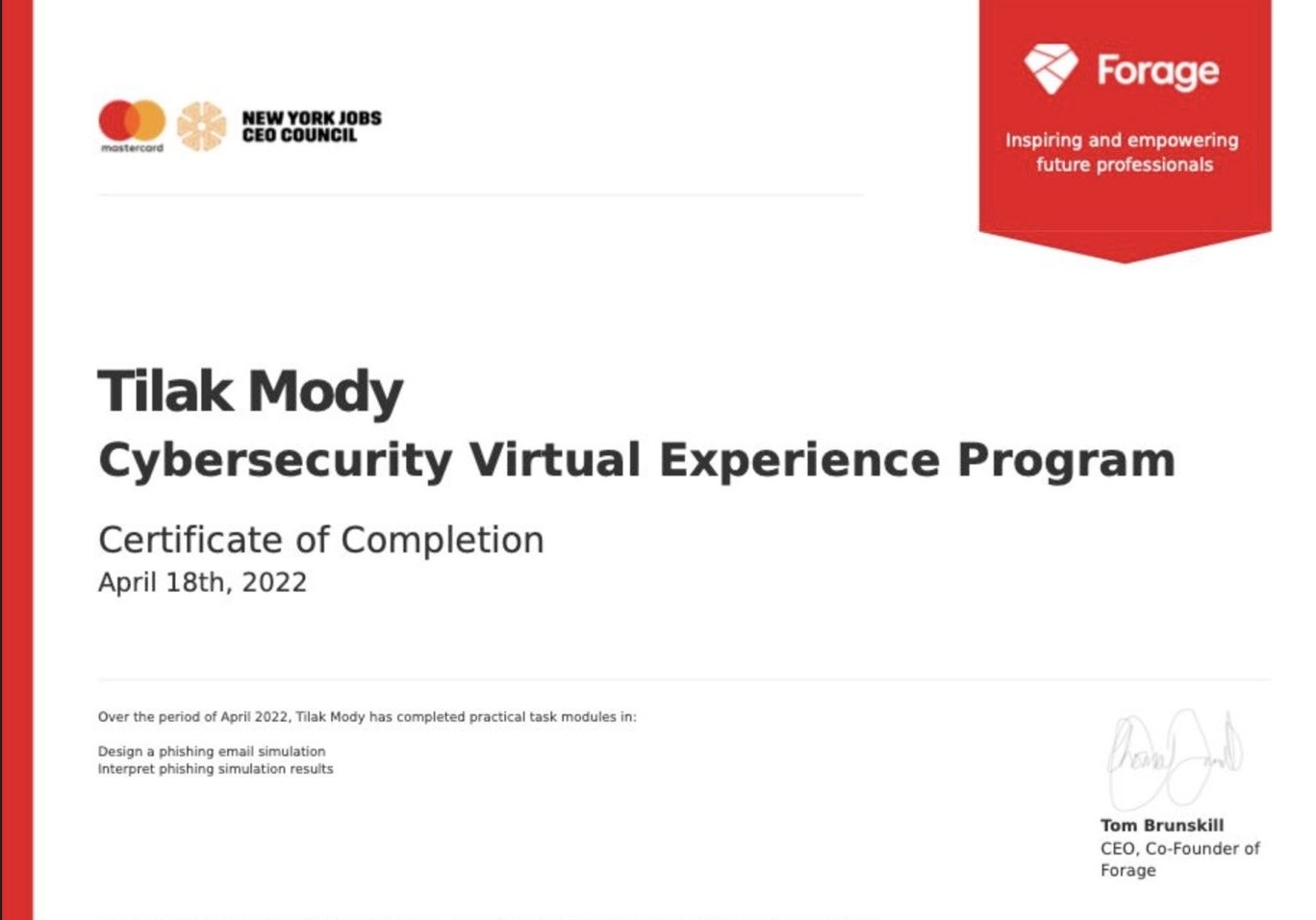 Cybersecurity Virtual Experience Program – Certificate preview